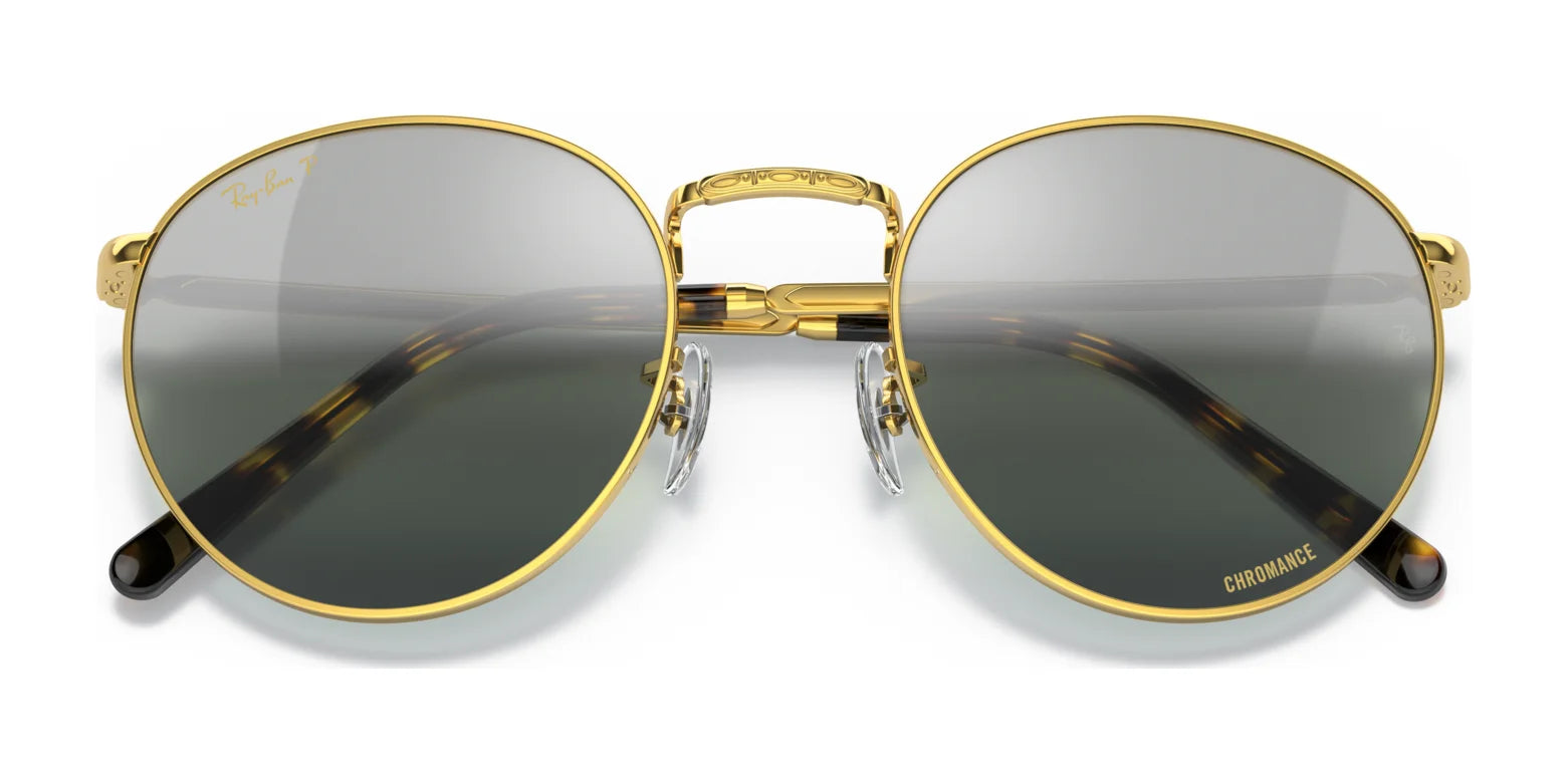 Ray-Ban NEW ROUND RB3637 sunglasses display a gold frame, green lenses, and tortoiseshell-style arms, highlighting a round shape with premium engravings.