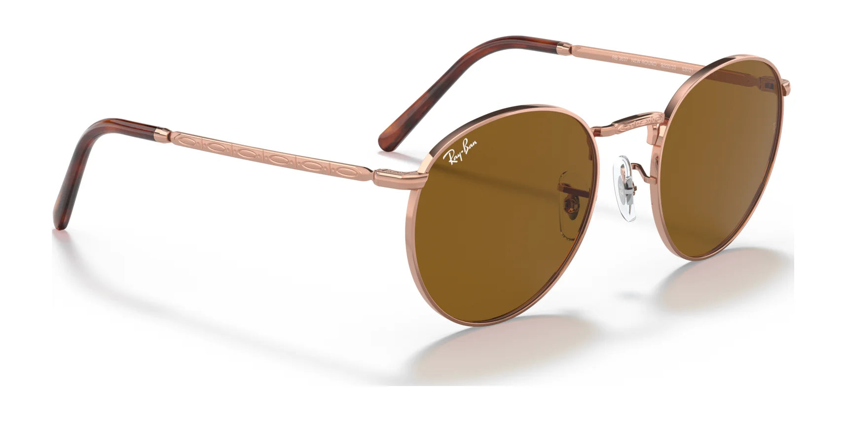 Ray-Ban NEW ROUND RB3637 sunglasses with crystal lenses, rose gold frames, thin arms, and brown tips.