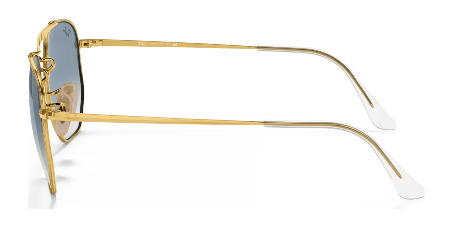 Side view of gold-framed Ray-Ban THE MARSHAL RB3648 Sunglasses in Size 54, featuring high-quality green lenses and white temple tips, on a white background.