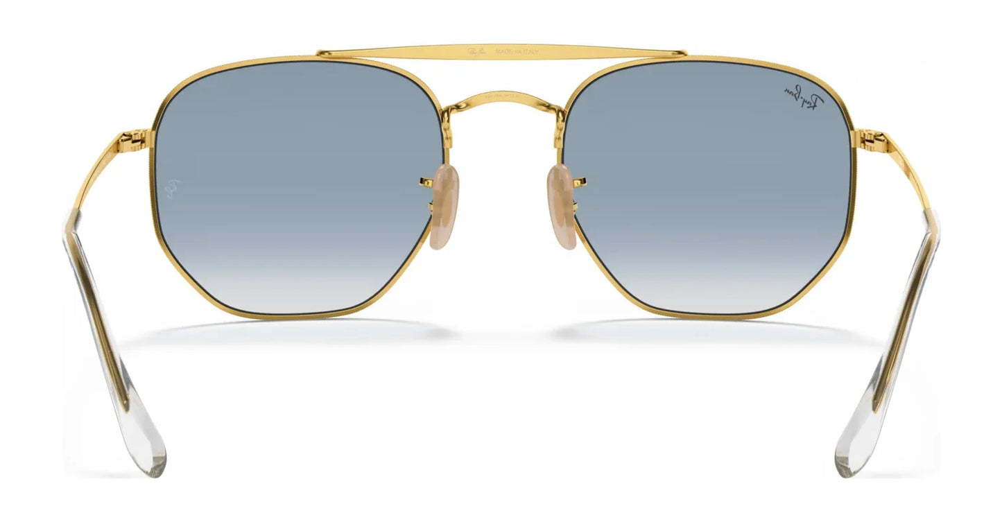 Gold-framed, hexagonal Ray-Ban THE MARSHAL RB3648 Sunglasses (Size 54) with high-quality blue-gradient lenses viewed from the front.