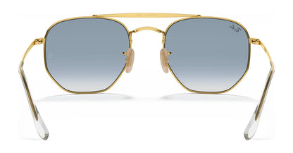 Gold-framed, hexagonal Ray-Ban THE MARSHAL RB3648 Sunglasses (Size 54) with high-quality blue-gradient lenses viewed from the front.