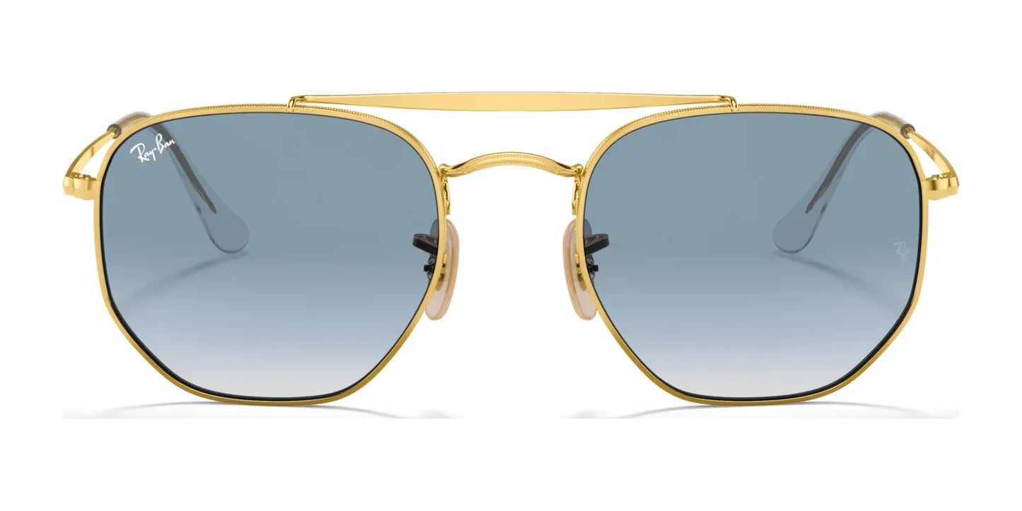 Ray-Ban THE MARSHAL RB3648 Sunglasses in size 54 feature a gold frame, blue-tinted rectangular high-quality lenses, and "Ray-Ban" branding on the top left lens.