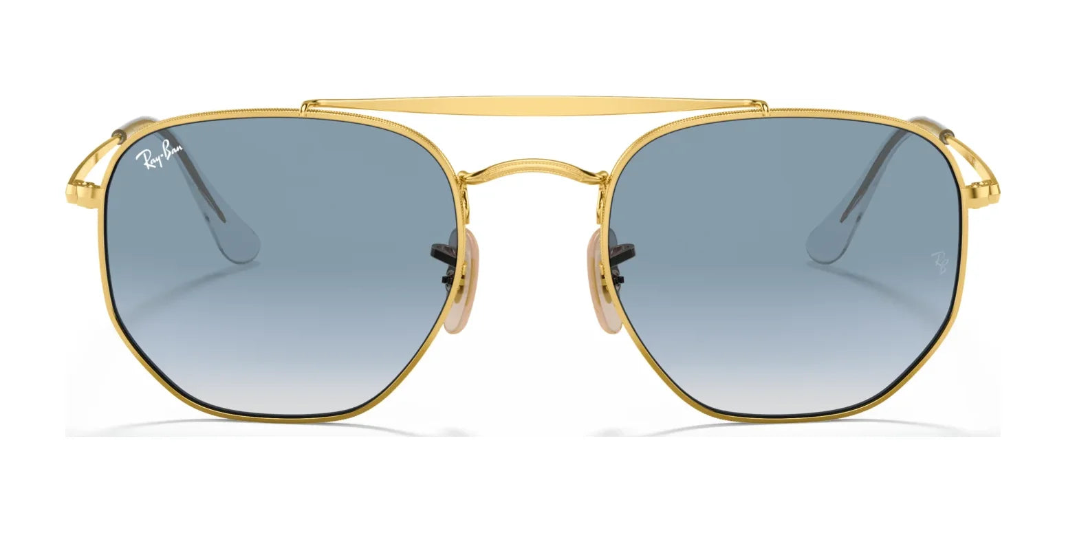 Ray-Ban THE MARSHAL RB3648 Sunglasses in size 54 feature a gold frame, blue-tinted rectangular high-quality lenses, and "Ray-Ban" branding on the top left lens.