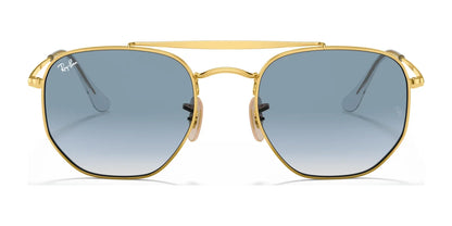 Ray-Ban THE MARSHAL RB3648 Sunglasses in size 54 feature a gold frame, blue-tinted rectangular high-quality lenses, and "Ray-Ban" branding on the top left lens.