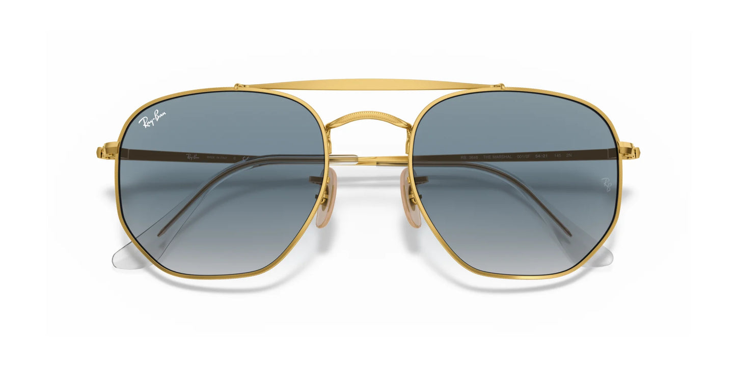 Ray-Ban THE MARSHAL RB3648 size 54 gold-framed aviator sunglasses with high-quality blue-tinted lenses on a white background.