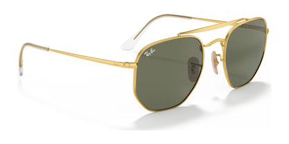 Gold-framed Ray-Ban THE MARSHAL RB3648 Sunglasses in Size 54, featuring high-quality black lenses and white earpieces on a white background.