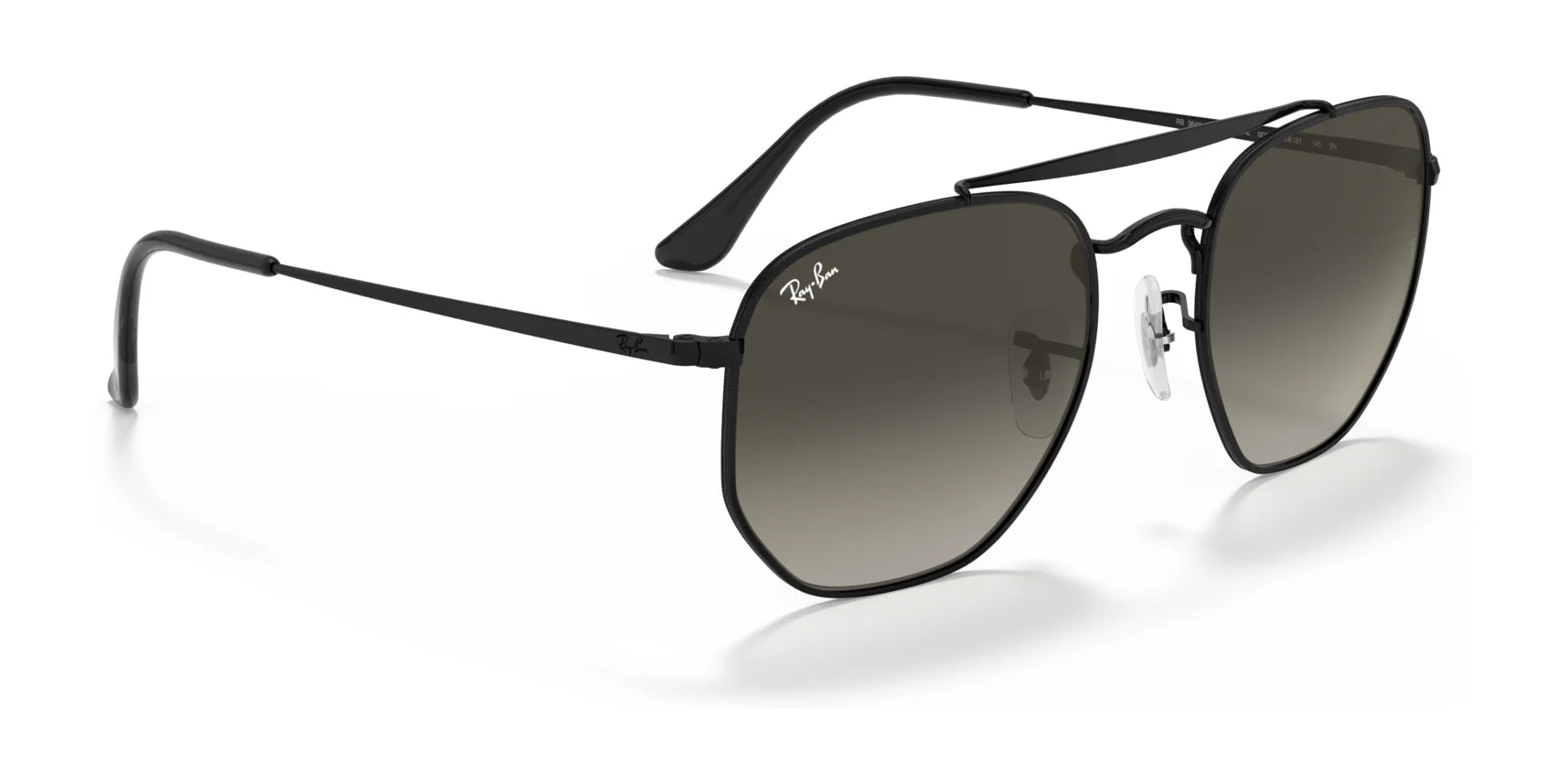 The Ray-Ban THE MARSHAL RB3648 Sunglasses | Size 54 feature black metal frames with hexagonal, high-quality green-tinted lenses and thin arms, along with a subtle logo on the lens' upper corner.