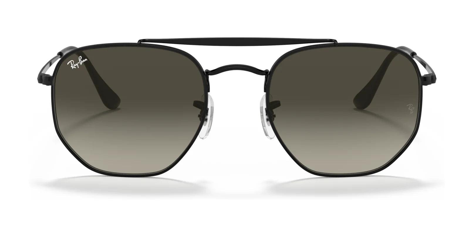 The Ray-Ban THE MARSHAL RB3648 Sunglasses in Size 54 feature a hexagonal black frame with high-quality dark lenses and a thin top bar, showcasing the Ray-Ban logo on the top left lens.