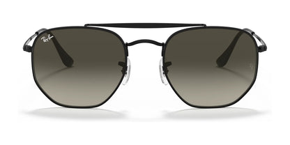 The Ray-Ban THE MARSHAL RB3648 Sunglasses in Size 54 feature a hexagonal black frame with high-quality dark lenses and a thin top bar, showcasing the Ray-Ban logo on the top left lens.