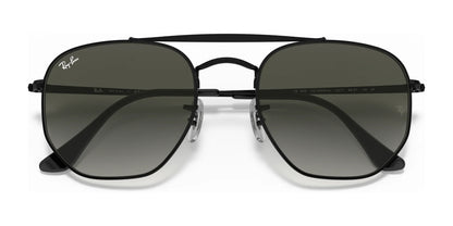 The Ray-Ban THE MARSHAL RB3648 sunglasses in black boast dark green, high-quality lenses, a double bridge design, and thin temples.