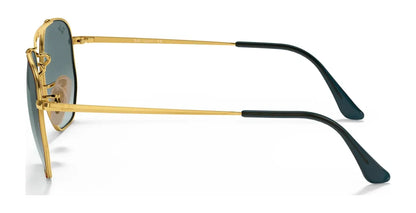 Side view of Ray-Ban THE MARSHAL RB3648 Sunglasses in size 54, featuring gold frames, green-tinted high-quality lenses, and black temple tips.