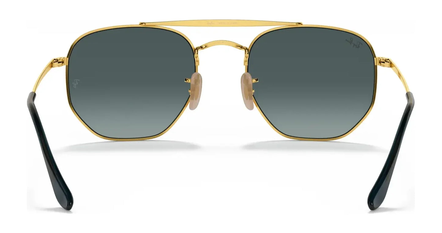 Gold-framed hexagonal Ray-Ban THE MARSHAL RB3648 Sunglasses | Size 54 with high-quality dark lenses and black temple tips, set against a white background.