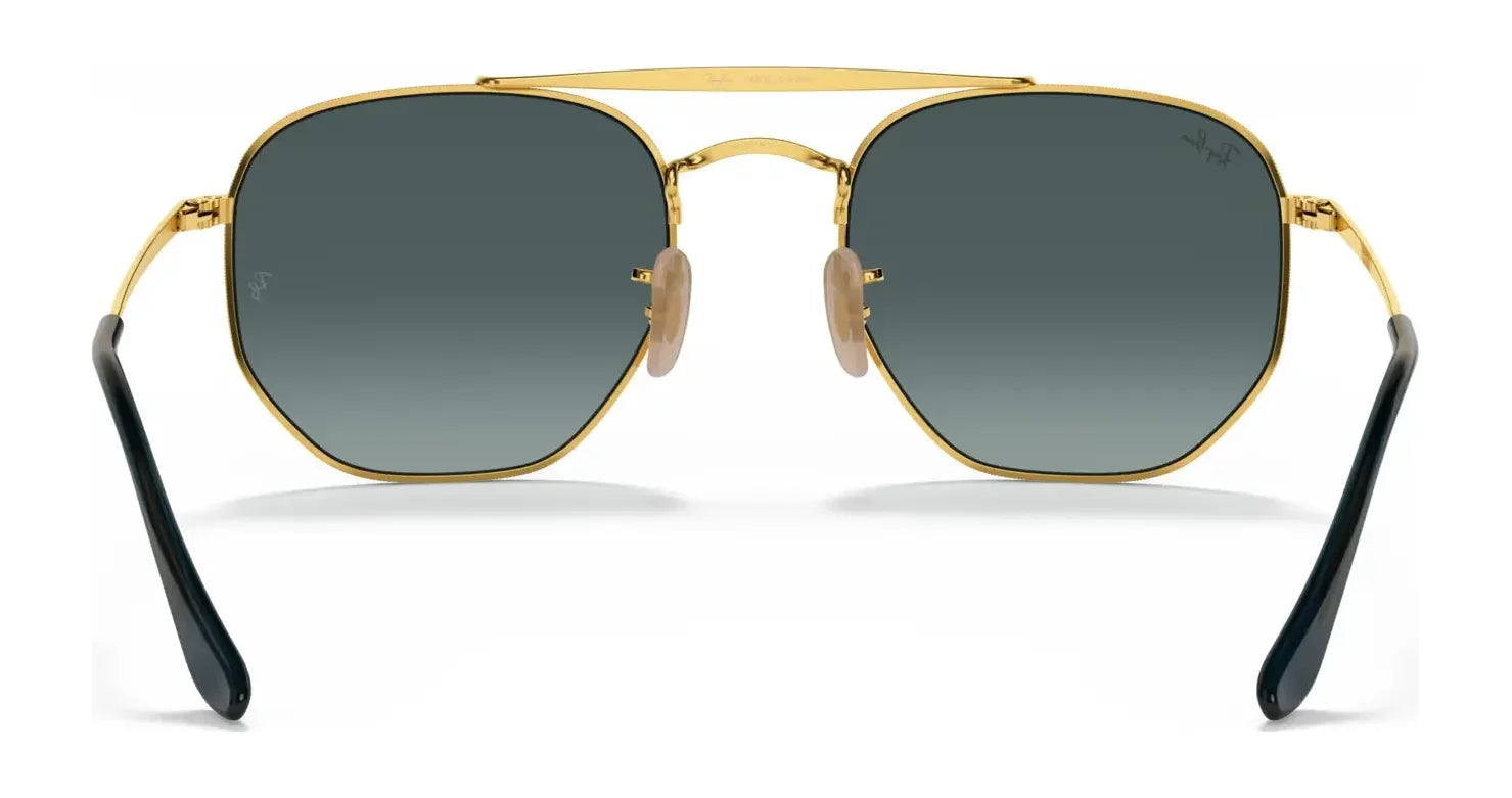 Gold-framed hexagonal Ray-Ban THE MARSHAL RB3648 Sunglasses | Size 54 with high-quality dark lenses and black temple tips, set against a white background.