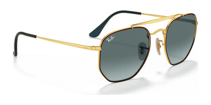 Gold-framed Ray-Ban THE MARSHAL RB3648 Sunglasses | Size 54 with green lenses and black earpieces, featuring a small logo on the upper left lens.