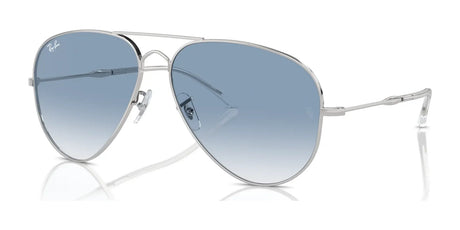 Ray-Ban OLD AVIATOR RB3825 sunglasses boast a sleek silver frame with blue gradient lenses and a stylish double bridge, showcased against a crisp white background.