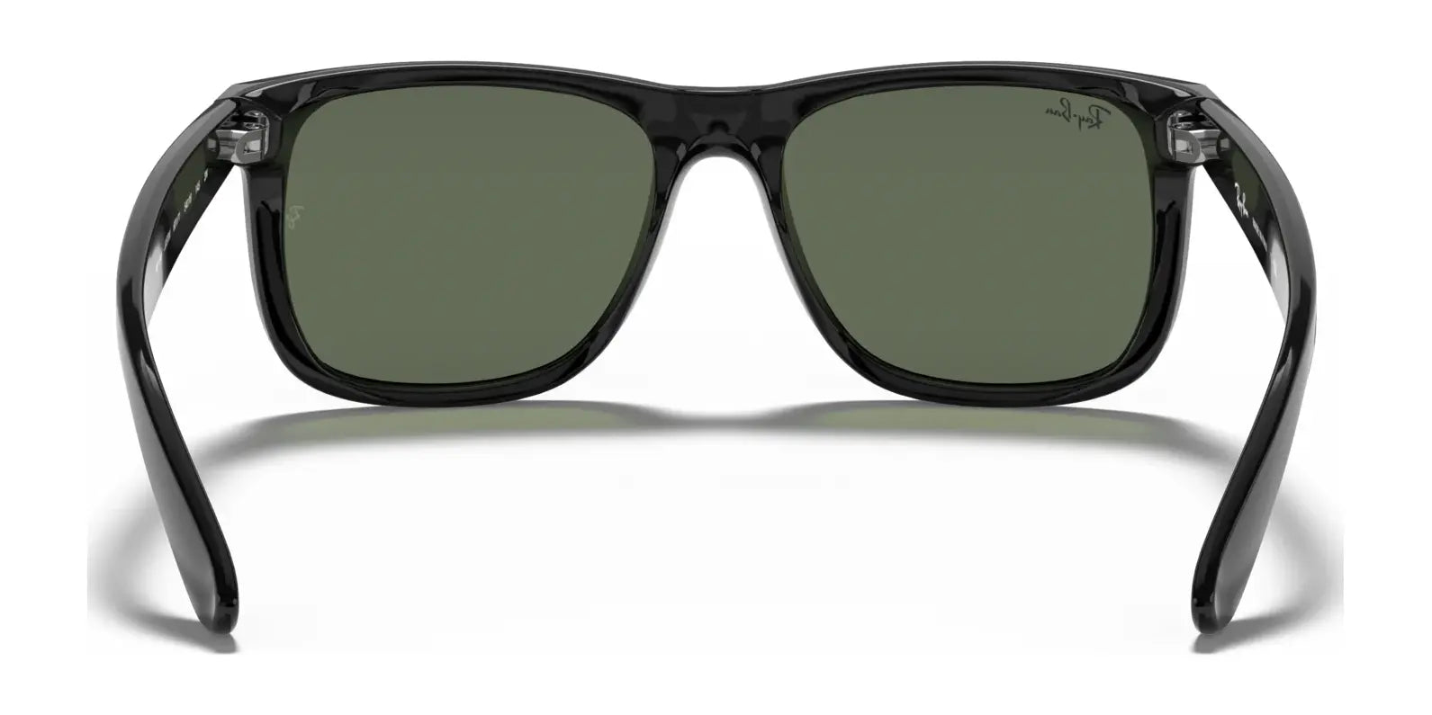 The Ray-Ban JUSTIN RB4165 Sunglasses showcase a bold square design with sleek black frames and dark green lenses, providing 100% UV protection.