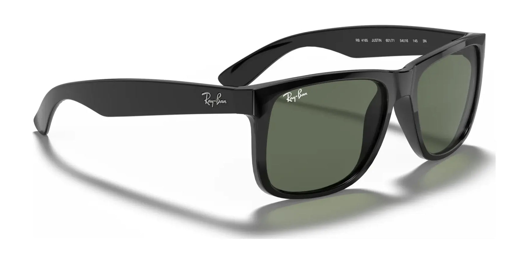 Black Ray-Ban JUSTIN RB4165 sunglasses feature a stylish square shape with dark green lenses and logoed arms, offering 100% UV protection while delivering a bold fashion statement.