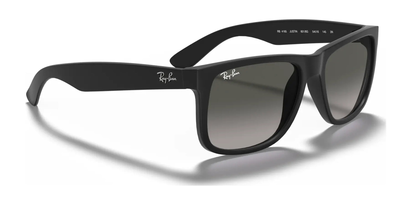 The black Ray-Ban JUSTIN RB4165 Sunglasses boast a stylish square design, dark lenses, thick frames, logo on the temples, and 100% UV protection.