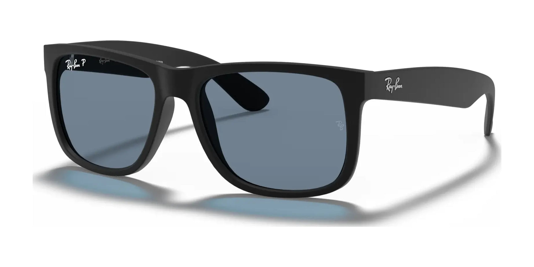 Ray-Ban JUSTIN RB4165 sunglasses in Rubber Black №622/2V feature square frames with tinted lenses, providing 100% UV protection, elegantly displayed on a white background.