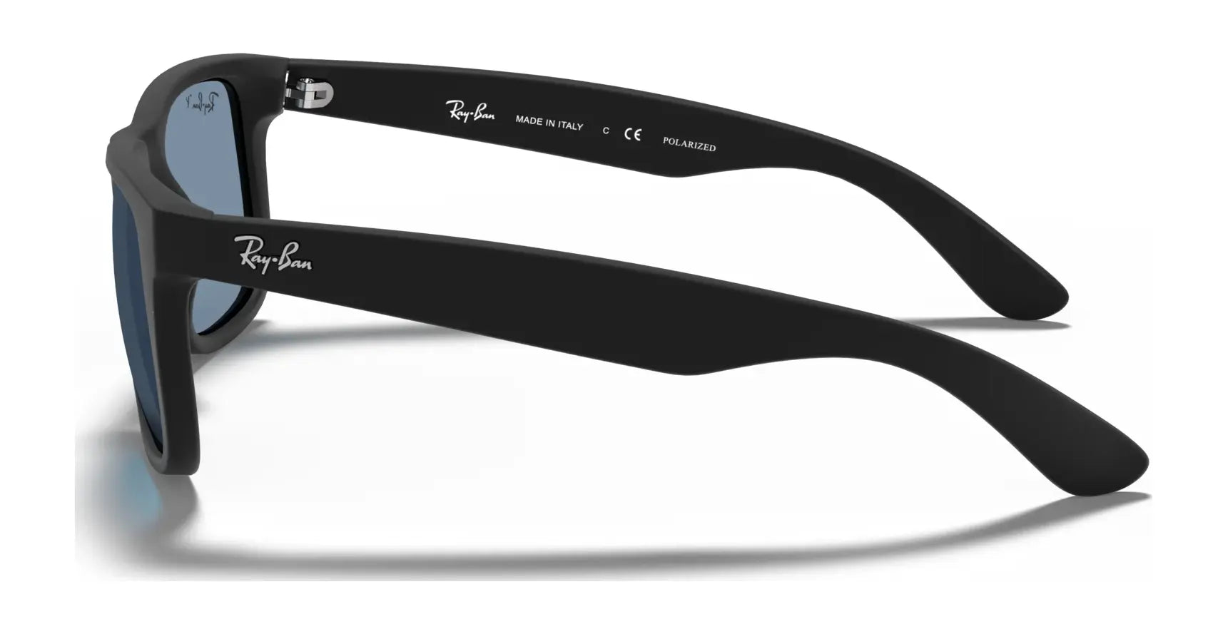 Ray-Ban JUSTIN RB4165 sunglasses in black, featuring polarized lenses and 100% UV protection, set against a white background.