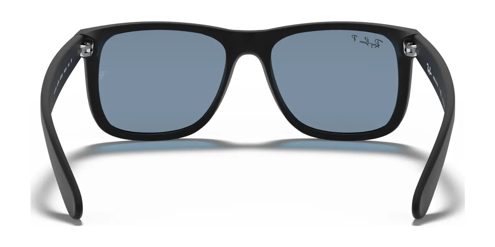 Ray-Ban JUSTIN RB4165 sunglasses in black with dark blue square lenses, shown against a white background, offer 100% UV protection.