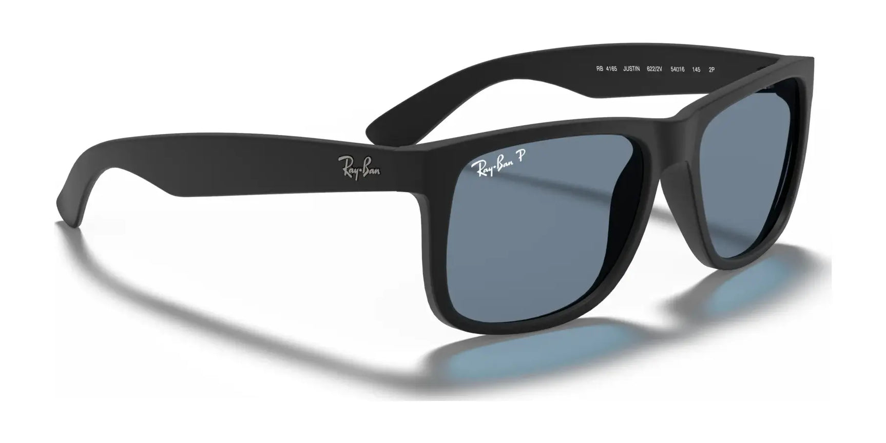 Ray-Ban JUSTIN RB4165 sunglasses are black and square-shaped with dark lenses, a logo on the temples, and offer 100% UV protection.