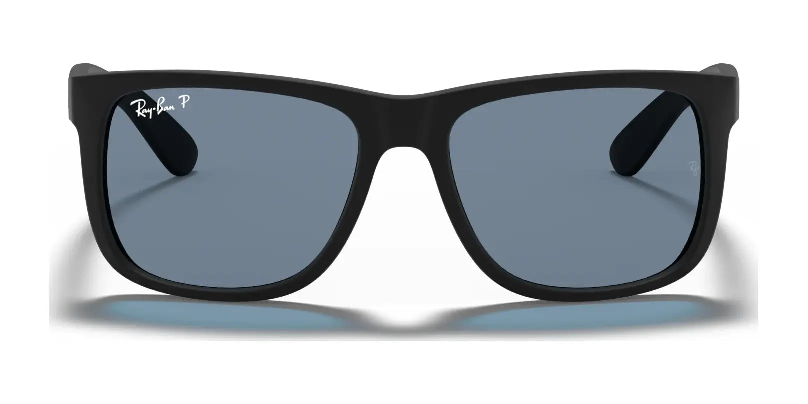 Ray-Ban JUSTIN RB4165 sunglasses feature a Wayfarer-style frame in black with dark lenses offering 100% UV protection, front view.