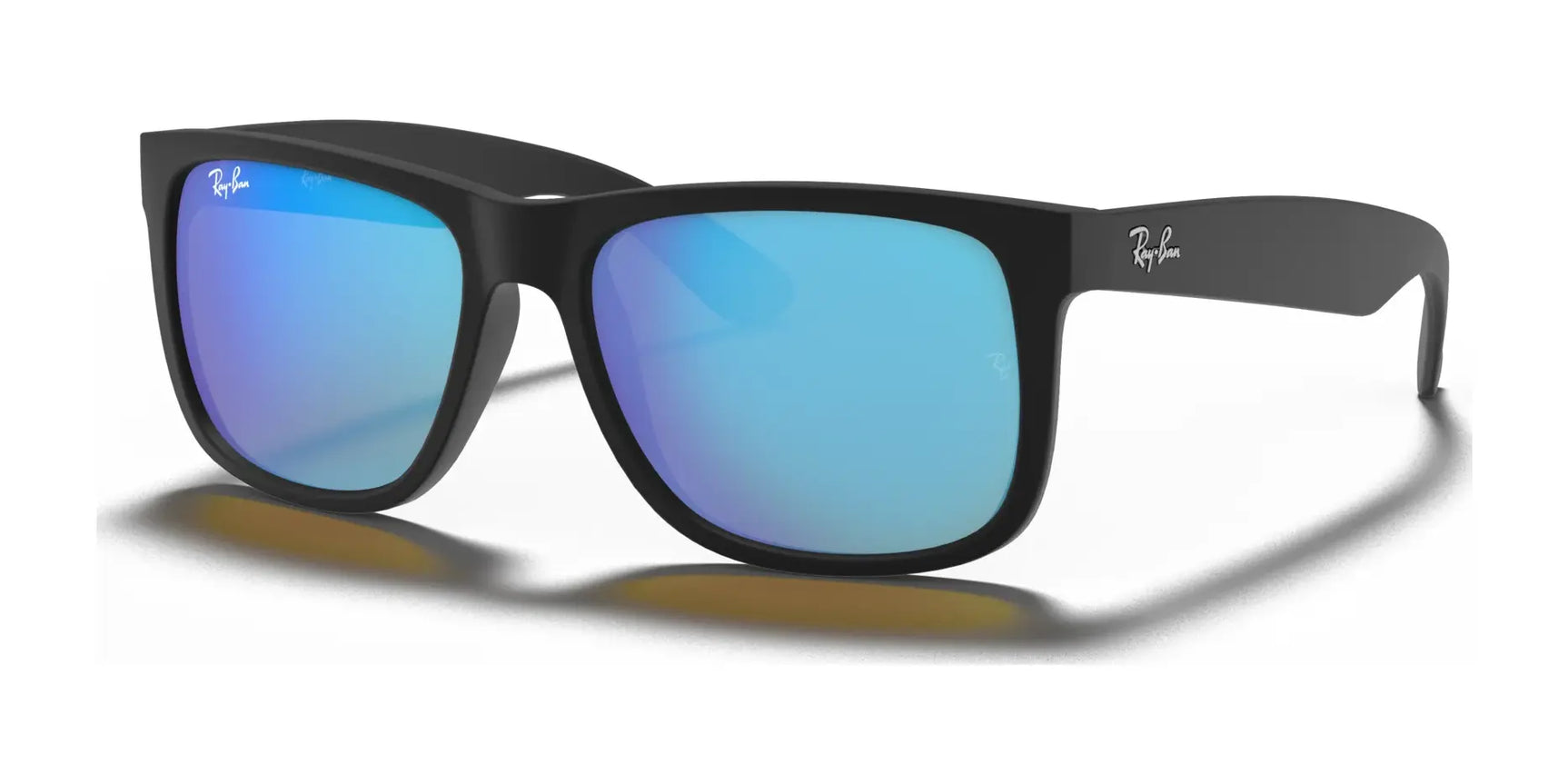 Ray-Ban JUSTIN RB4165 sunglasses feature a rubber black frame (№622/55) with blue reflective lenses, offering 100% UV protection for both style and safety.