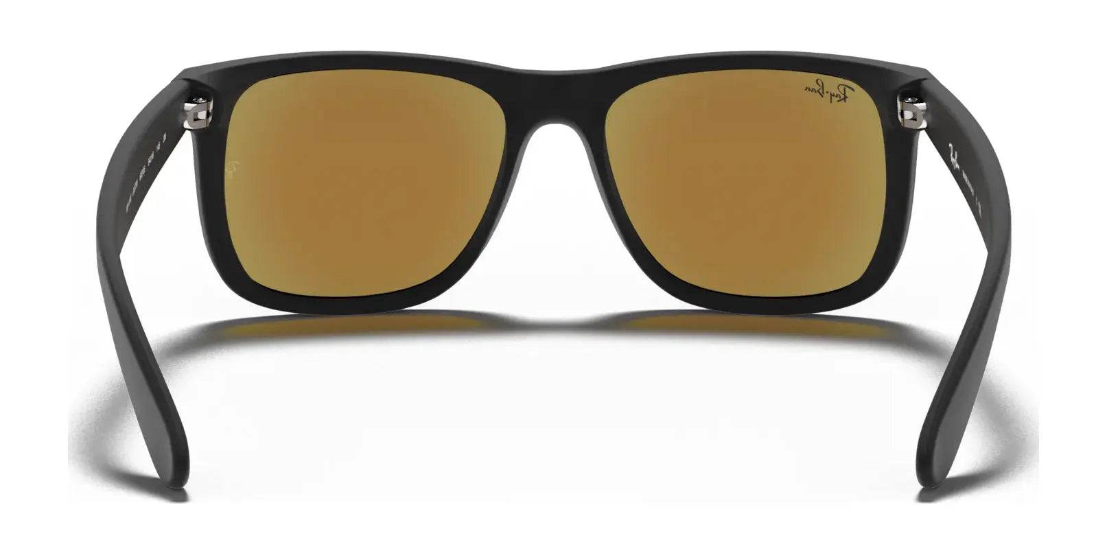 Ray-Ban JUSTIN RB4165 sunglasses feature black frames with rectangular amber-tinted lenses, offering 100% UV protection. Shown from the front on a white background.