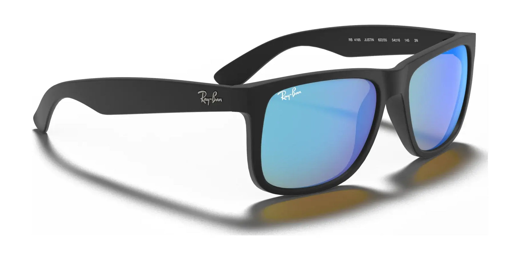 Ray-Ban JUSTIN RB4165 sunglasses feature a sleek design and reflective blue lenses with a logo on the arms, providing 100% UV protection.