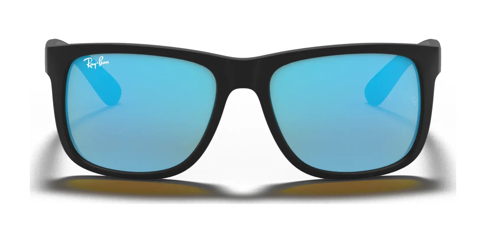 Ray-Ban JUSTIN RB4165 sunglasses feature blue mirrored lenses, offering 100% UV protection, set against a white background.