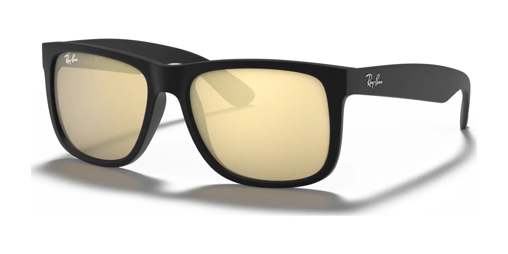 The Ray-Ban JUSTIN RB4165 sunglasses, in Rubber Black №622/5A, feature reflective yellow lenses with 100% UV protection against harmful rays.