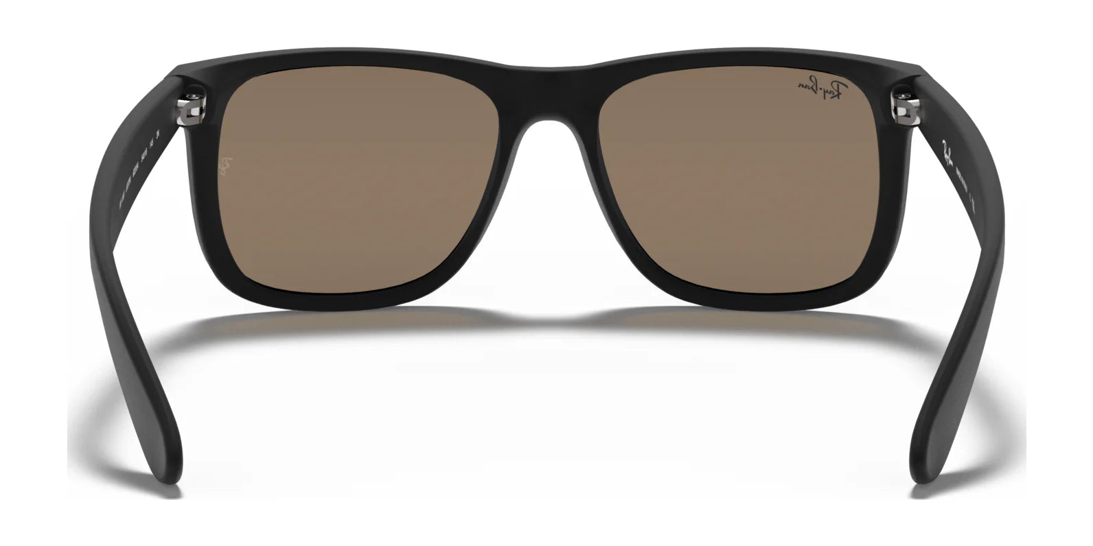 Ray-Ban JUSTIN RB4165 sunglasses feature a square design with black frames, brown lenses, and 100% UV protection, depicted from the front angle.