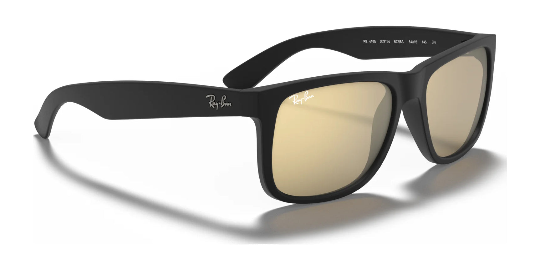 The Ray-Ban JUSTIN RB4165 sunglasses boast a sleek square shape with black frames and reflective gold lenses for 100% UV protection, stylishly set on a pristine white background to combine fashion and eye safety.