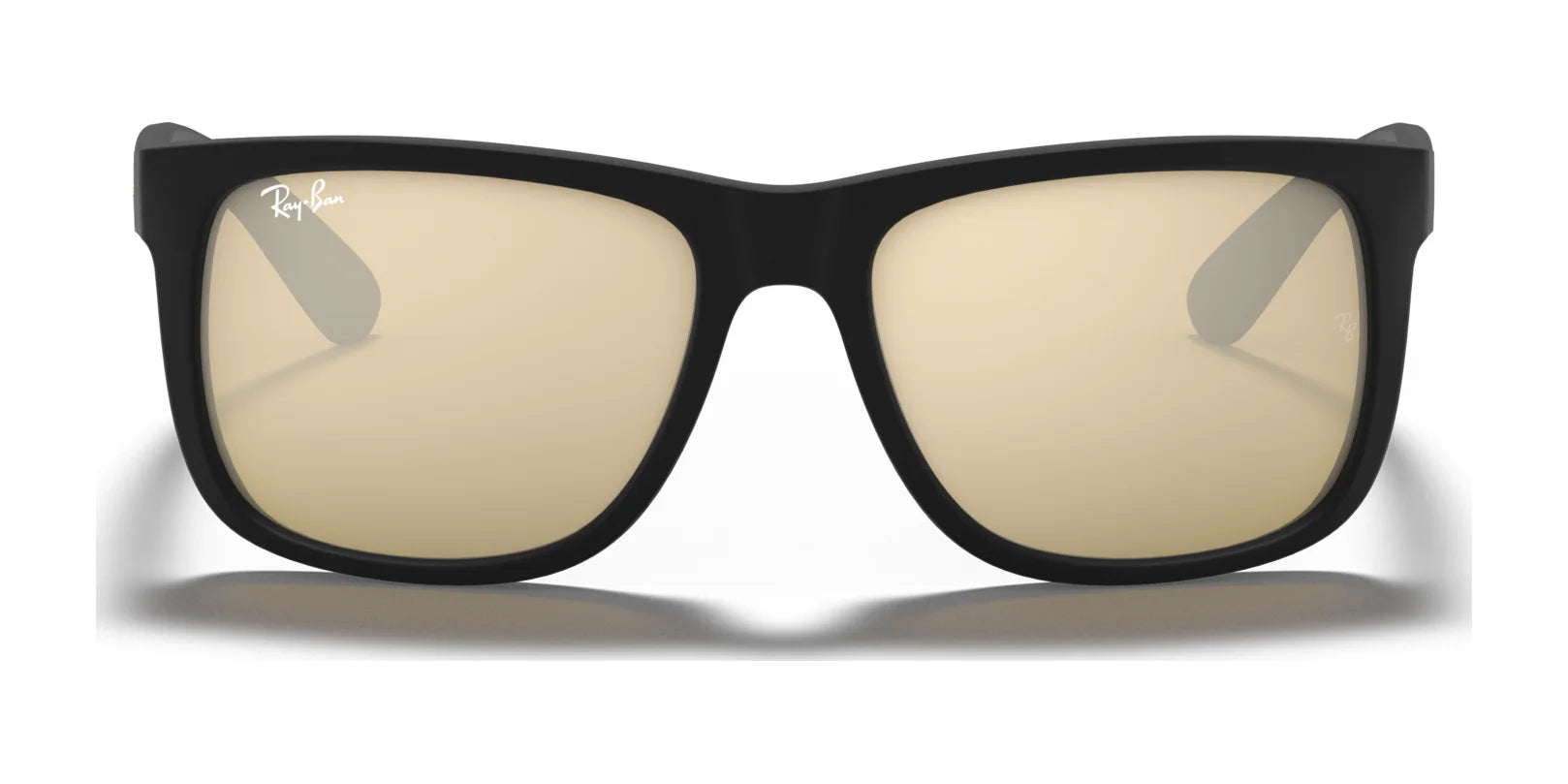 In a front view on a white background, the Ray-Ban JUSTIN RB4165 sunglasses feature square black frames and tan lenses offering 100% UV protection. These shades blend classic style with modern flair, embodying the iconic Ray-Ban design.