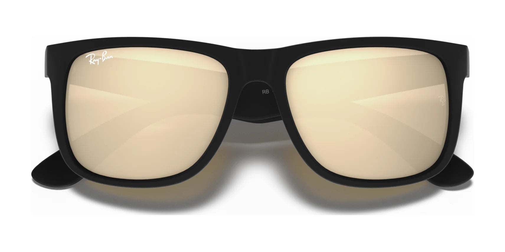 The Ray-Ban JUSTIN RB4165 sunglasses have sleek black frames, gold-tinted lenses, and a small logo on the top left corner. They provide 100% UV protection.