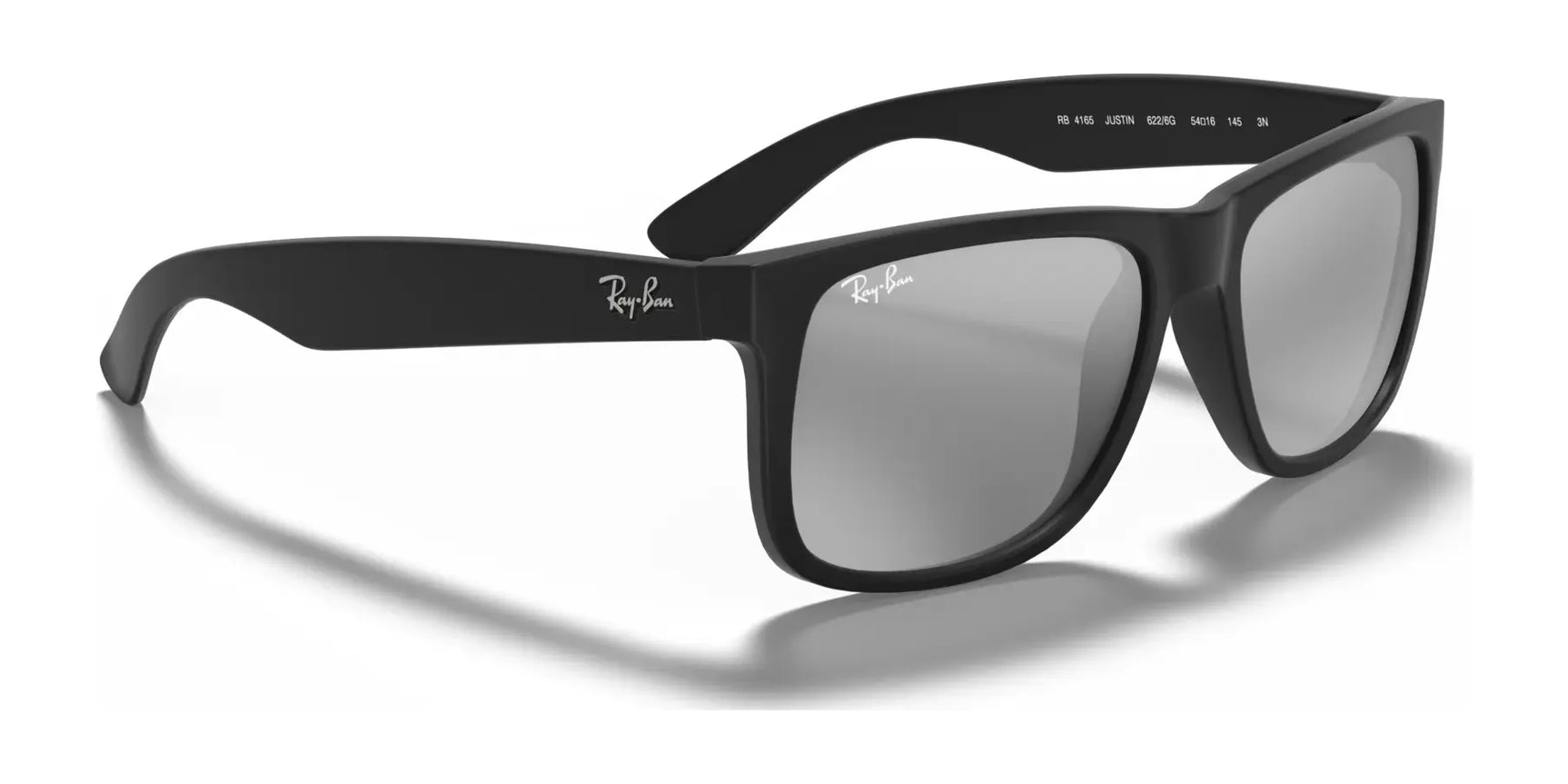 Ray-Ban JUSTIN RB4165 sunglasses with reflective lenses shine brilliantly against a white background, providing 100% UV protection.