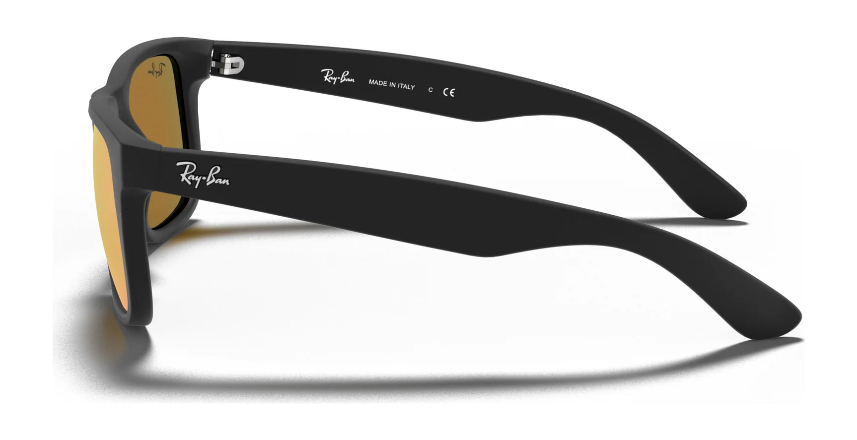 Black Ray-Ban JUSTIN RB4165 sunglasses with yellow lenses, temple branding, and 100% UV protection.