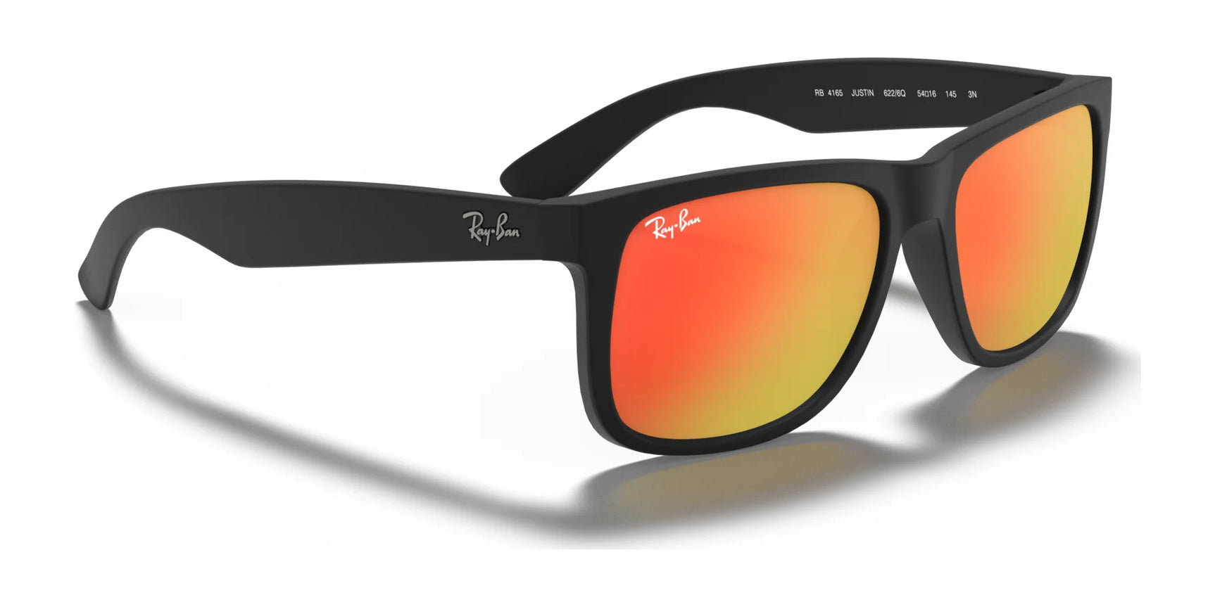 Ray-Ban JUSTIN RB4165 Sunglasses, featuring a sleek black frame and bright orange reflective lenses, provide 100% UV protection while ensuring stylish looks. These sunglasses are elegantly displayed on a pristine white background.