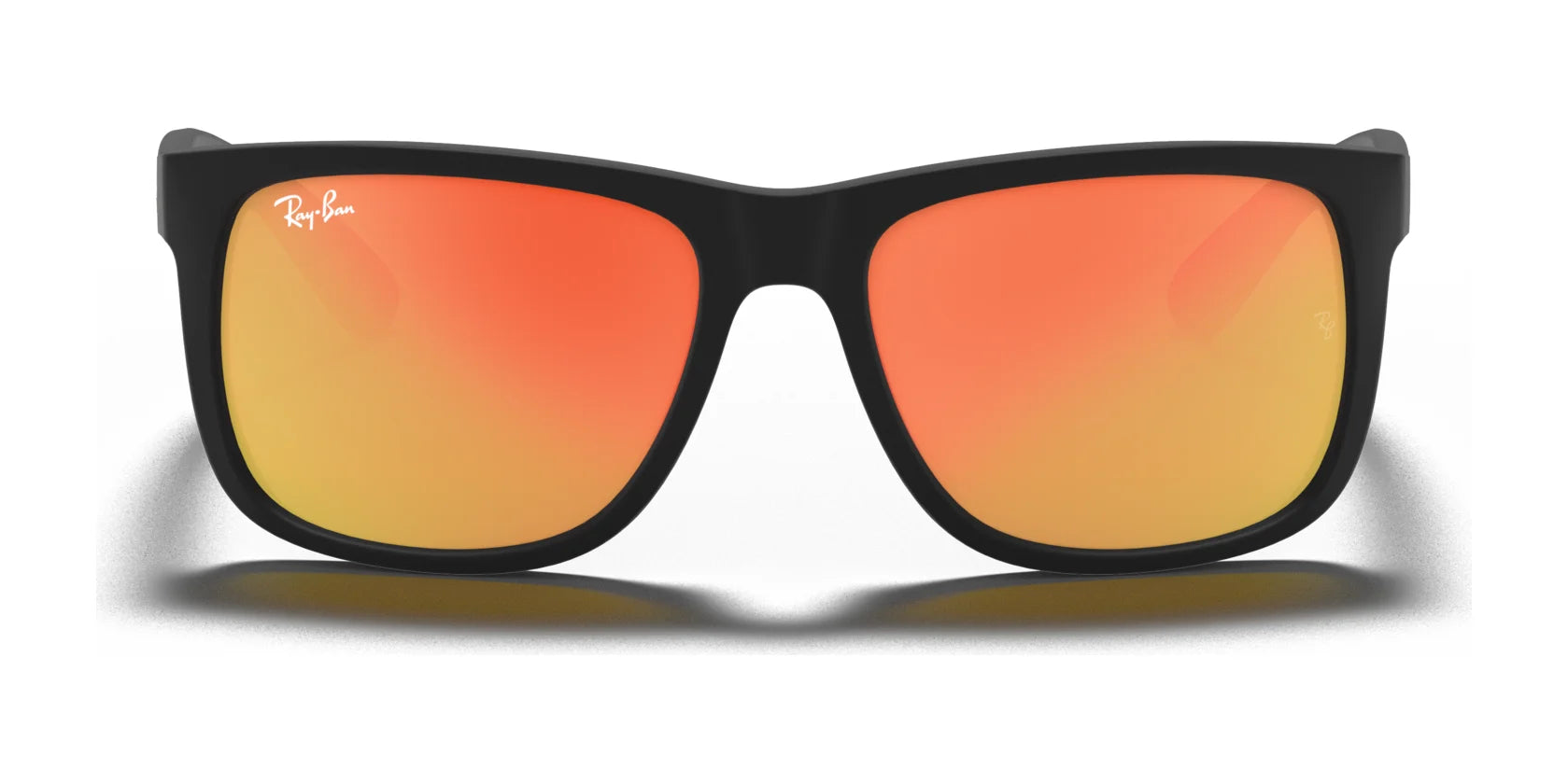 Ray-Ban JUSTIN RB4165 Sunglasses feature black frames with orange mirrored lenses, offering a stylish edge and 100% UV protection on a white background.