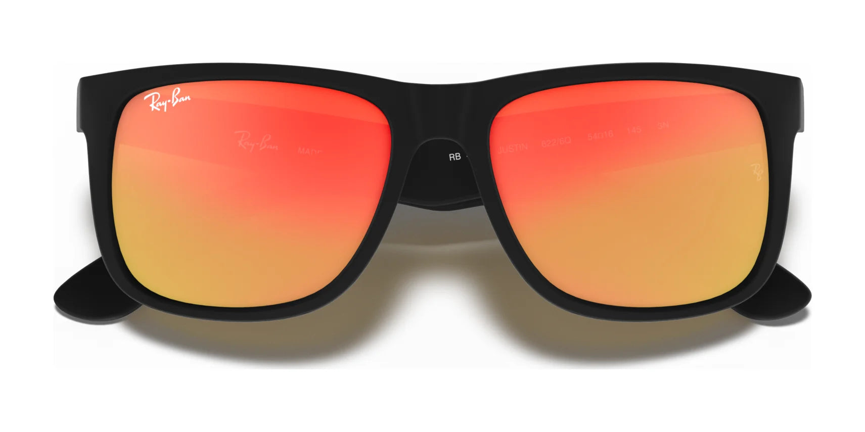 Experience the trendy Ray-Ban JUSTIN RB4165 sunglasses, featuring iconic black square frames and vibrant orange reflective lenses. These stylish shades offer 100% UV protection to keep you both fashionable and safe.