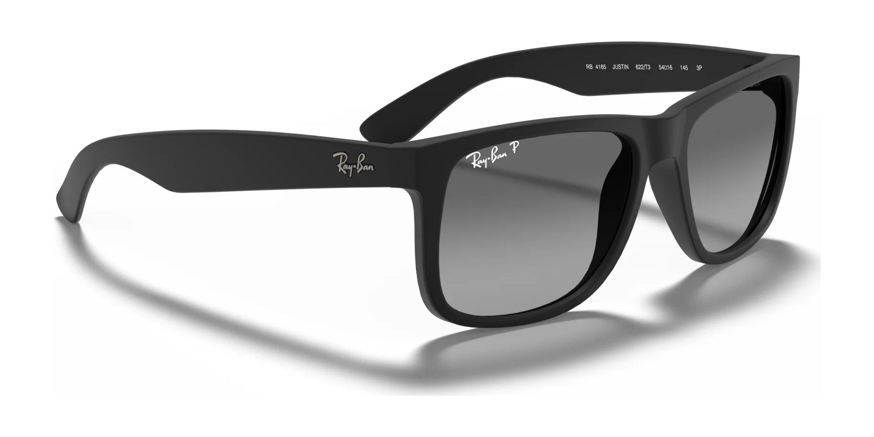 Discover the sleek Ray-Ban JUSTIN RB4165 sunglasses featuring a modern square shape. With black frames set against a white background and polarized lenses for 100% UV protection, they offer both style and safety.