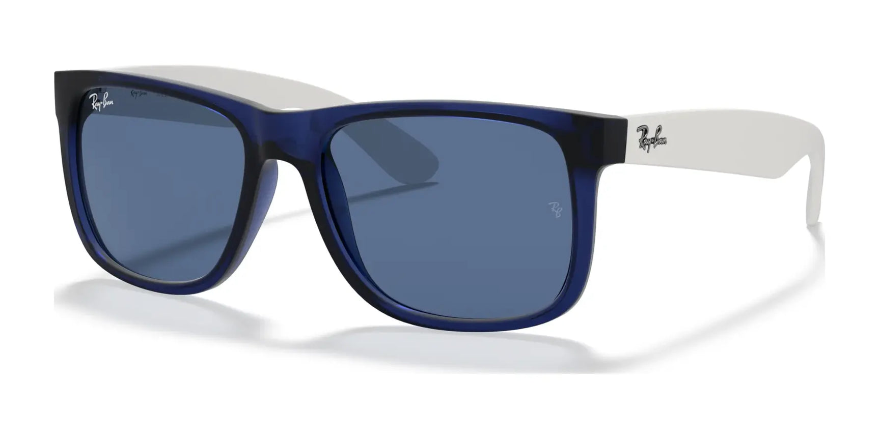 The Ray-Ban JUSTIN RB4165 sunglasses in transparent blue №651180 feature a square shape with dark lenses, providing 100% UV protection.