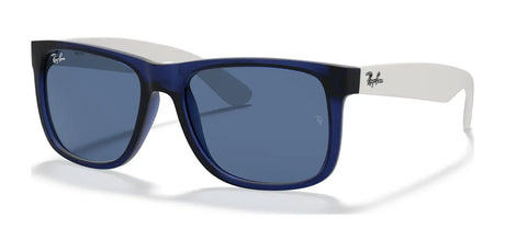 The Ray-Ban JUSTIN RB4165 sunglasses in transparent blue №651180 feature a square shape with dark lenses, providing 100% UV protection.