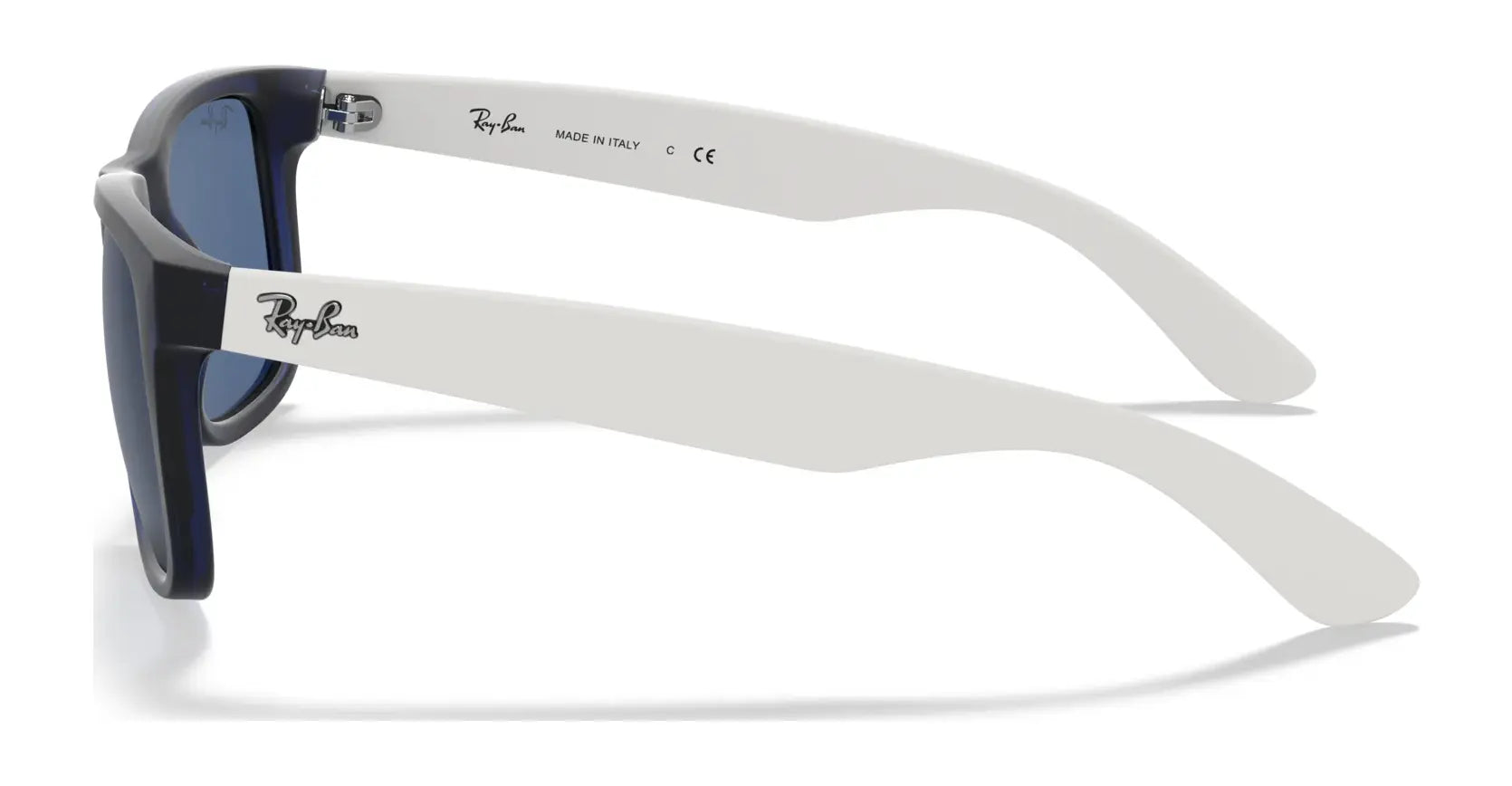 Side view of Ray-Ban JUSTIN RB4165 sunglasses featuring black frames with white arms, a logo on the temple, and "Made in Italy." These square-shaped sunglasses from Ray-Ban provide 100% UV protection, combining style and safety.