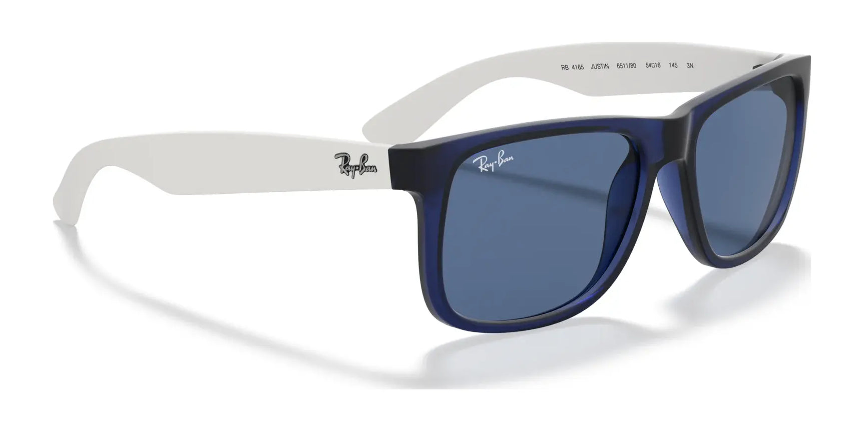 The Ray-Ban JUSTIN RB4165 sunglasses feature rectangular blue and white lenses, a logo on the temple, and provide 100% UV protection for stylish wear.