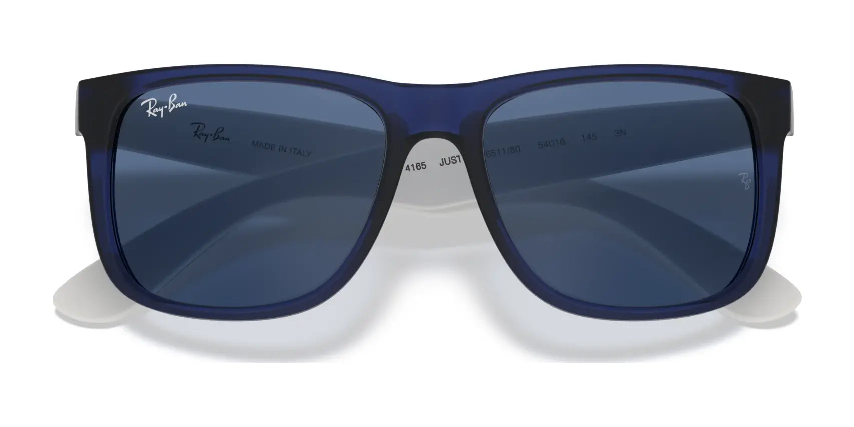 The Ray-Ban JUSTIN RB4165 Sunglasses boast a trendy square shape with iconic blue frames and dark lenses, featuring the Ray-Ban logo on the top left. They provide 100% UV protection, making them a stylish and practical choice for any sunny day.