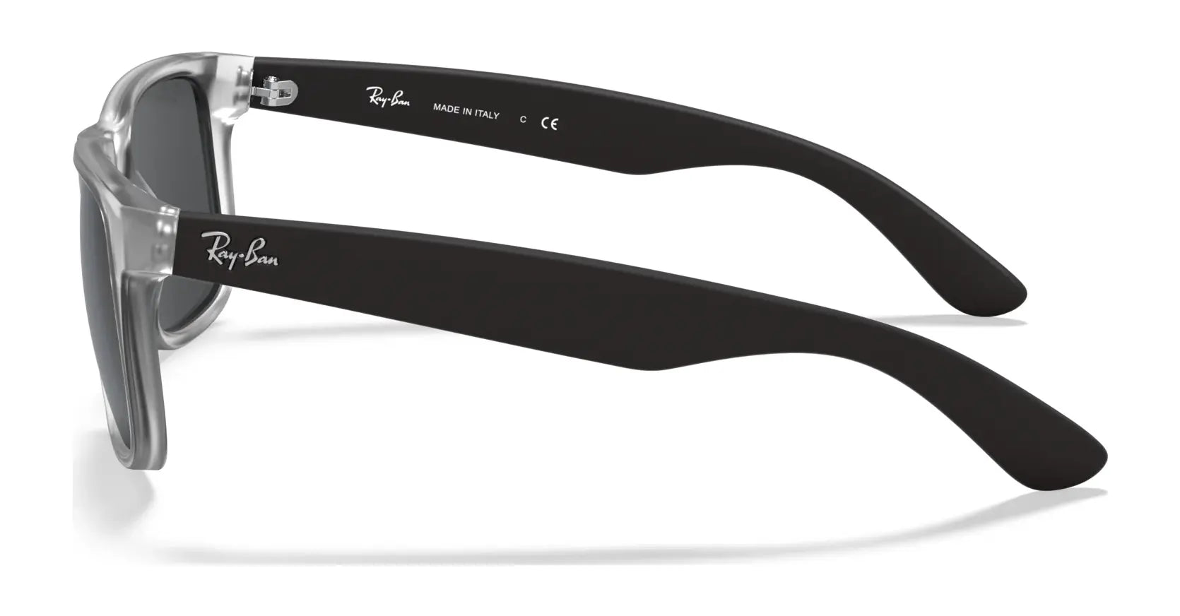 Side view of Ray-Ban JUSTIN RB4165 sunglasses showcasing a square shape with black frames, clear accents, and dark lenses. The temples feature the iconic Ray-Ban logo and provide 100% UV protection.