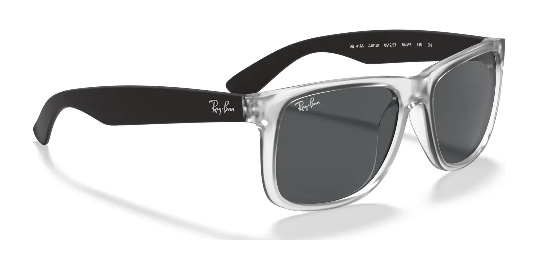 Check out the Ray-Ban JUSTIN RB4165 sunglasses with clear frames, black temples, and dark lenses featuring a bold logo. These stylish square-shaped shades enhance your look while providing 100% UV protection.