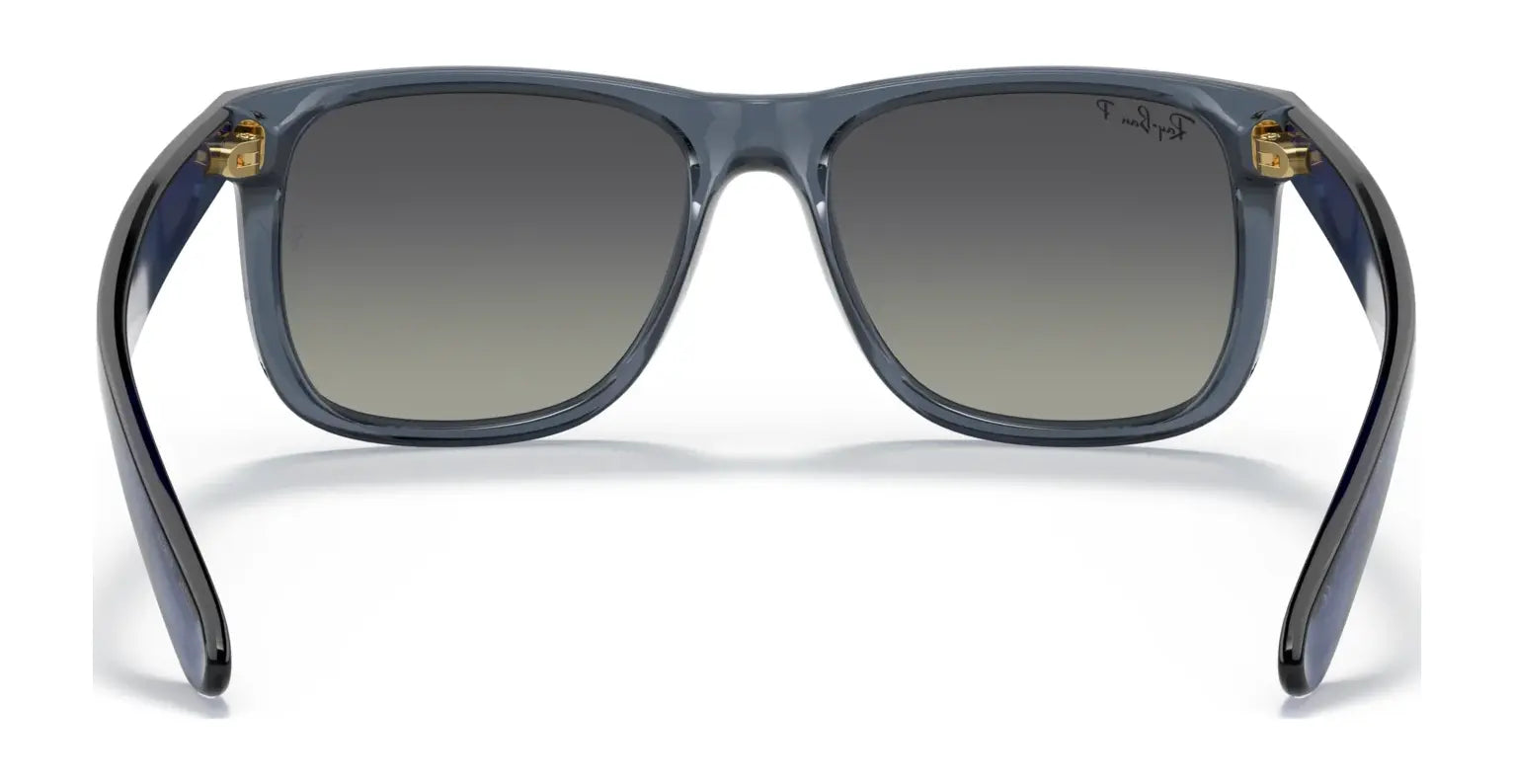 Rear view of Ray-Ban JUSTIN RB4165 sunglasses showcasing blue gradient square design with dark lenses and 100% UV protection.